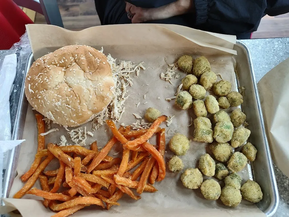 Pulled Chicken with Brussel Sprouts and Sweet Potato Fries